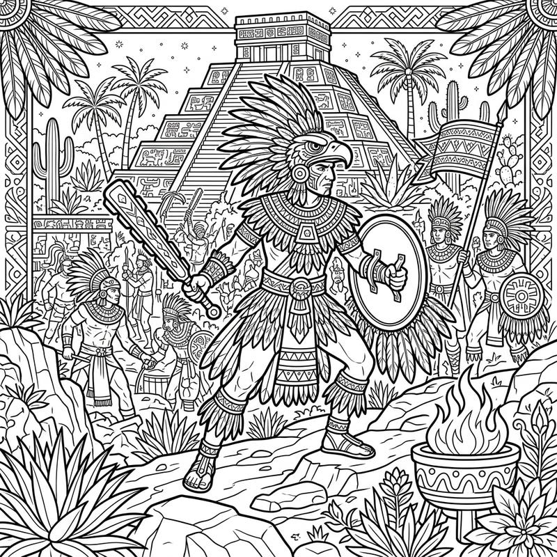 Step back in time to ancient Mesoamerica with this captivating coloring page featuring a proud Aztec Eagle Warrior in a detailed full-scene landscape. Unleash your creativity by bringing to life the intricate patterns of their attire and the vibrant backdrop of a majestic pyramid and lush jungle.
