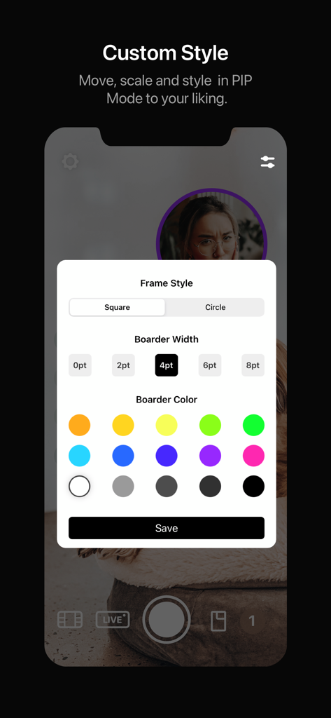 Dual Camera Split Videos: Revo - Interface of the Revo app showing customization options for PIP mode including frame style, border width, and border color