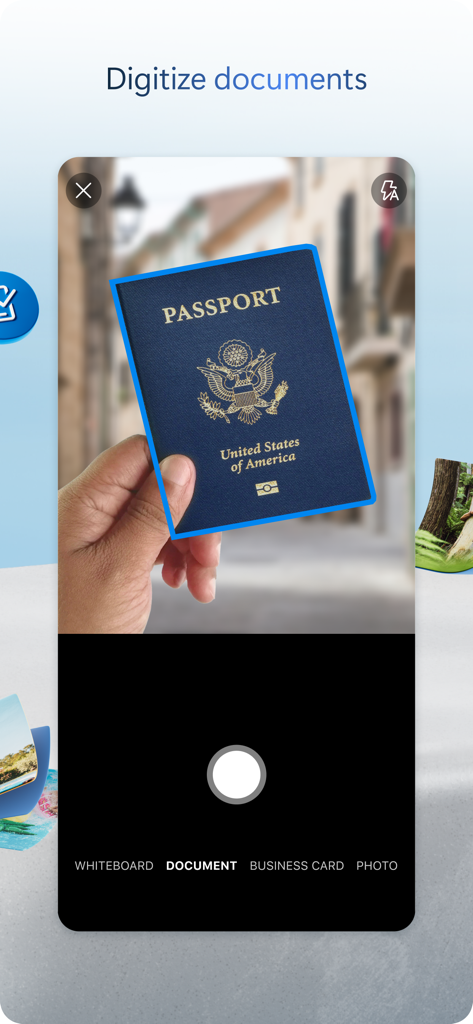 Microsoft OneDrive app scanning a US passport with the digitize documents feature