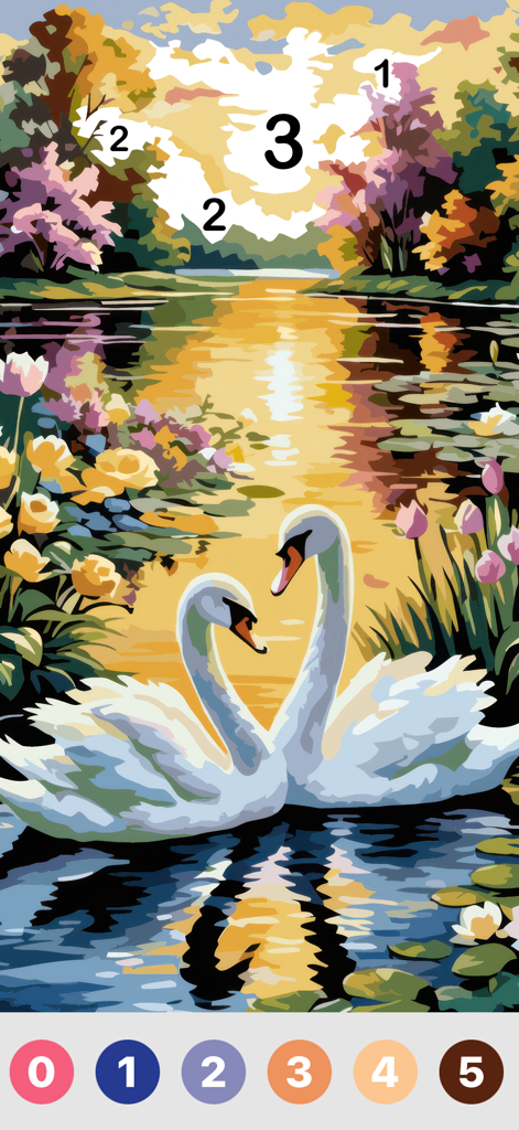 Oil Painting : Color By Number - A digital oil painting color by number game interface showing two swans on a lake at sunset
