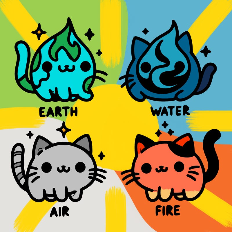 4 cats that represent the different elements, earth, water, air, and fire