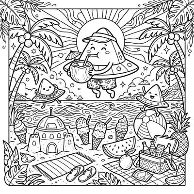 Prepare for an out-of-this-world summer adventure with this delightful coloring page featuring triangular UFOs! Watch as these friendly aliens soak up the sun, enjoy refreshing drinks, and relax on a vibrant beach, ready for your creative touch.