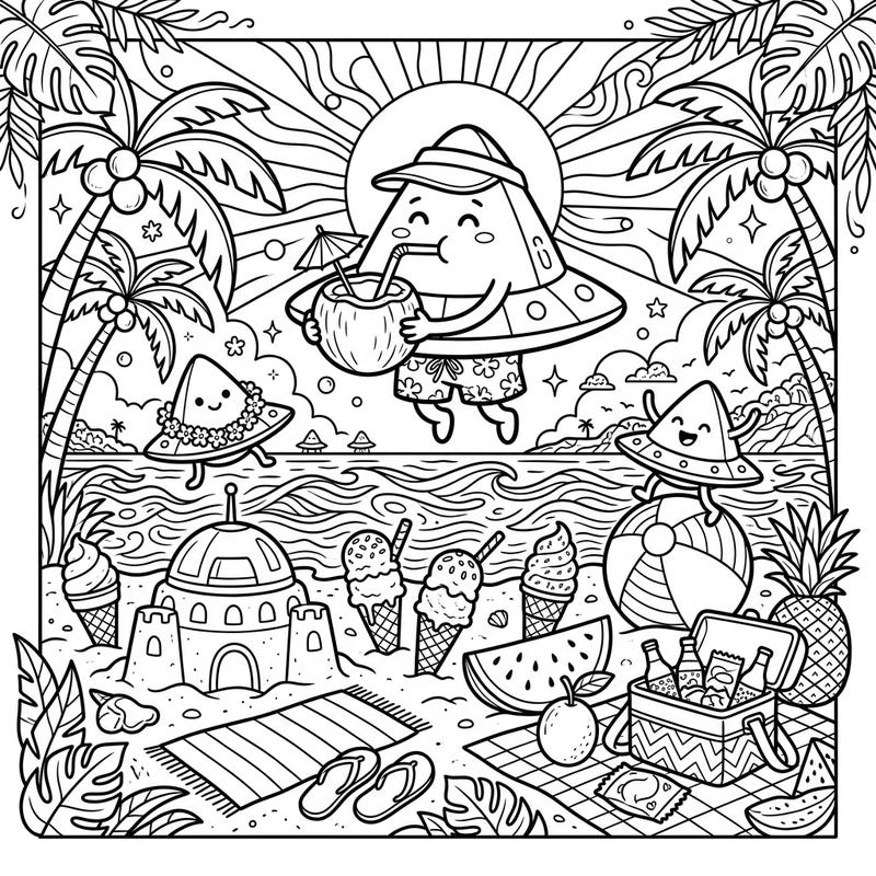 Prepare for an out-of-this-world summer adventure with this delightful coloring page featuring triangular UFOs! Watch as these friendly aliens soak up the sun, enjoy refreshing drinks, and relax on a vibrant beach, ready for your creative touch.