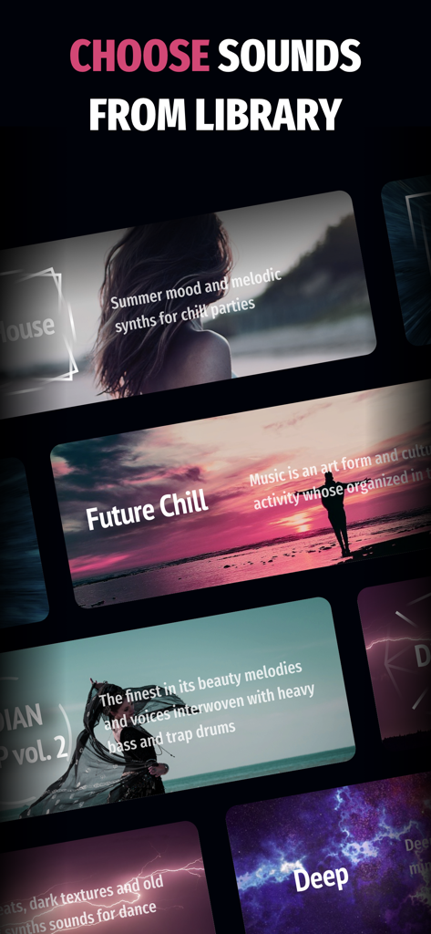 Eine Galerie von Musik-Sound-Packs in der Mixpads-App mit Genres wie Future Chill und Deep House