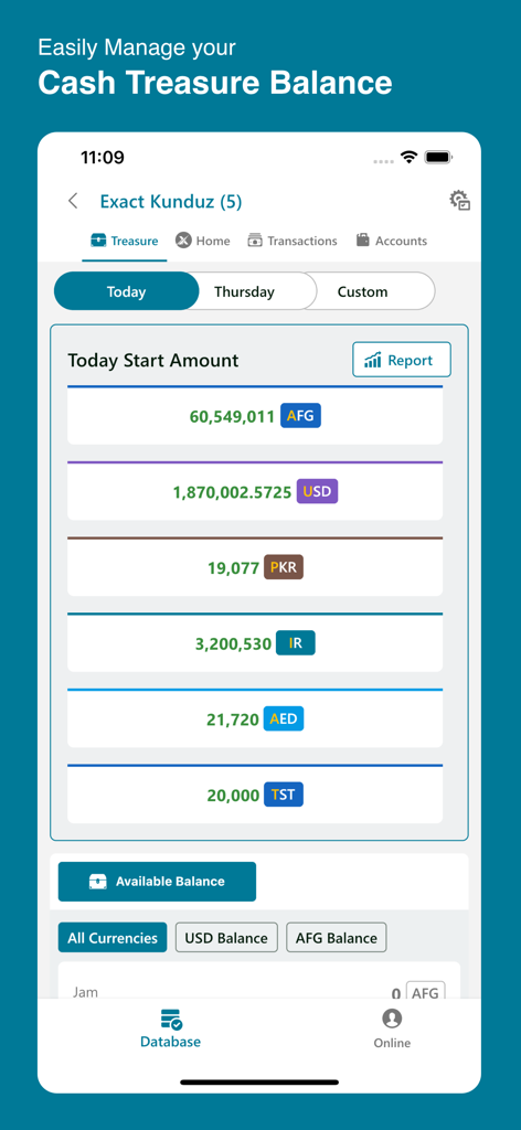 Painel da aplicação móvel Exact System exibindo saldos de caixa em várias moedas para cambistas