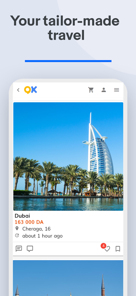 Ouedkniss - Interface de l'application Ouedkniss montrant une annonce de voyage pour Dubaï avec l'hôtel Burj Al Arab