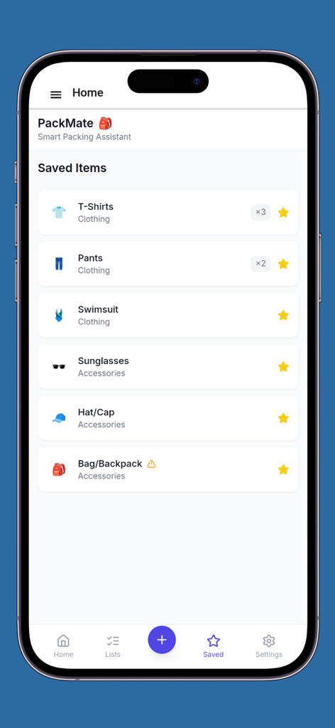 Packing list - checklist - Saved travel items screen showing categorized clothing and accessories in the PackMate packing assistant app