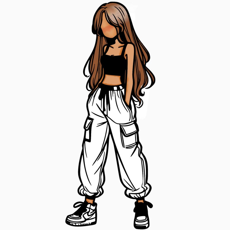 girl in baggy pants crop top and long hair