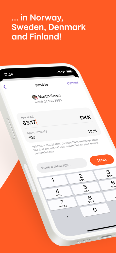Vipps - Pantalla de la aplicación Vipps mostrando una transferencia de dinero entre Dinamarca y Noruega con conversión de moneda