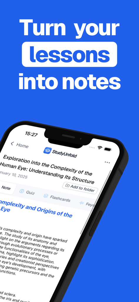 Pantalla de la aplicación móvil StudyUnfold que muestra notas generadas por IA de una lección sobre el ojo humano