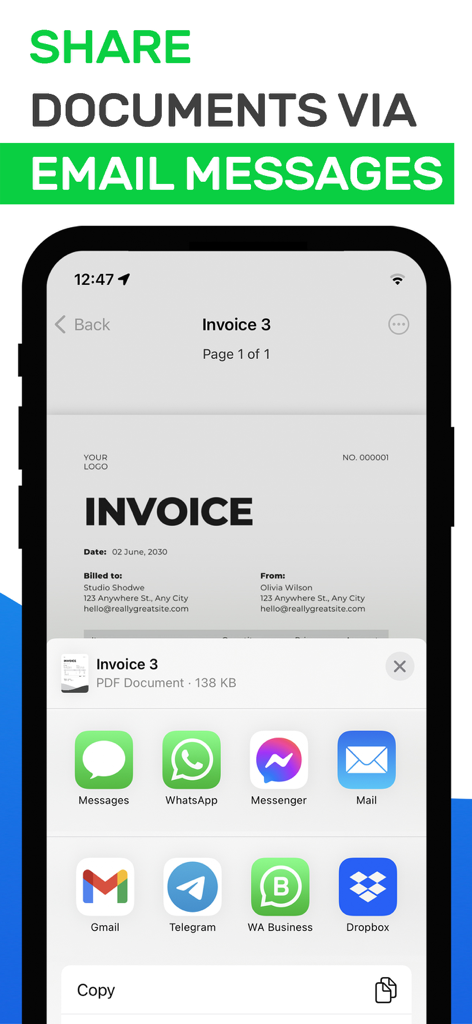 Bildschirm einer mobilen App, der eine gescannte Rechnung zeigt, die über E-Mail und Messaging-Plattformen geteilt wird