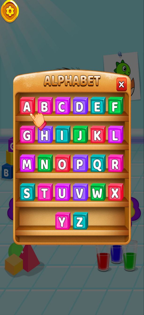 Cute Baby Sitter Daycare Games - A educational screen showing colorful alphabet blocks from A to Z on wooden shelves for kids learning.