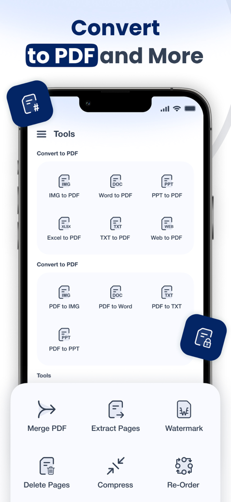 Smart Scanner: Convert PDF Doc - Interfaccia dell'app Smart Scanner che mostra strumenti di conversione PDF e gestione dei documenti come unione e compressione