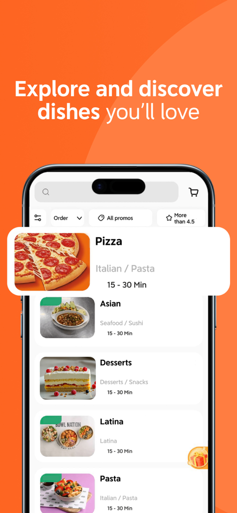 DiDi Food - Food Delivery - DiDi Food app interface showing meal categories like pizza and pasta with estimated delivery times
