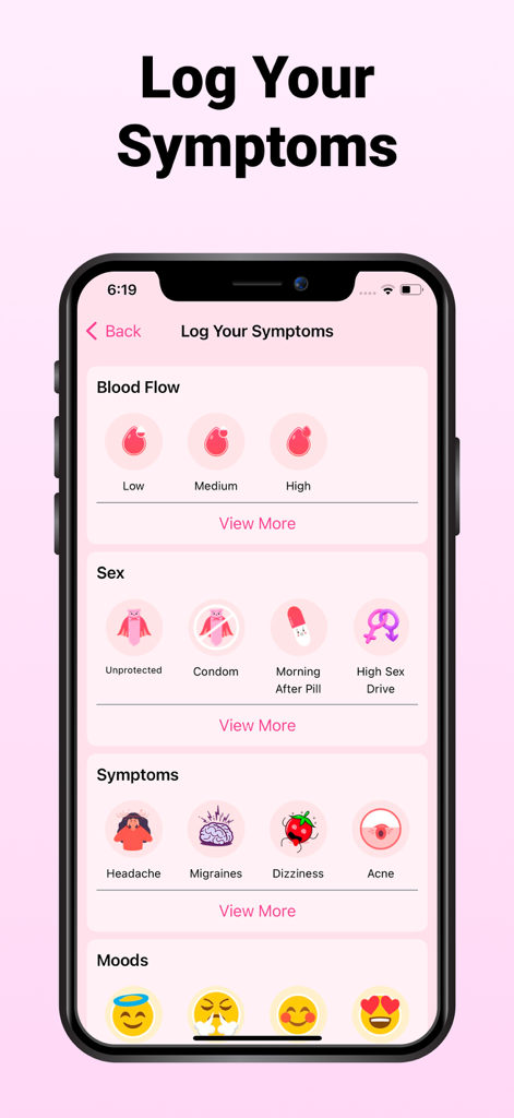 Period Tracker Apps for Women - Una pantalla de smartphone que muestra opciones para registrar el flujo de sangre de los síntomas menstruales y el estado de ánimo