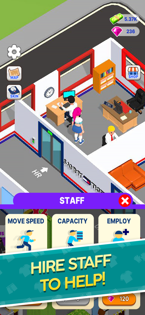 Beach Apparel - A screenshot of the Beach Apparel mobile game showing the HR department and staff hiring menu options.