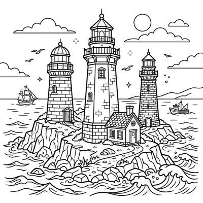 Embark on a creative voyage with this intricate coloring page featuring three majestic historic lighthouses. Perched on a rugged coastline, they oversee a bustling sea dotted with ships and flying seagulls, inviting you to add your vibrant touch.
