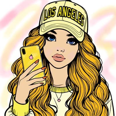 realistic beautiful girl wearing los ángeles cap holding an iphone