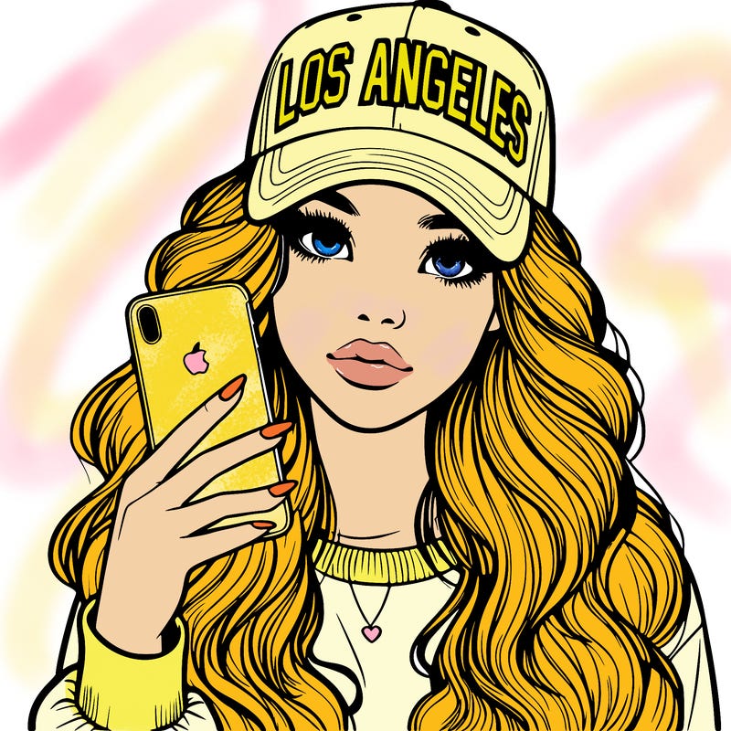 realistic beautiful girl wearing los ángeles cap holding an iphone
