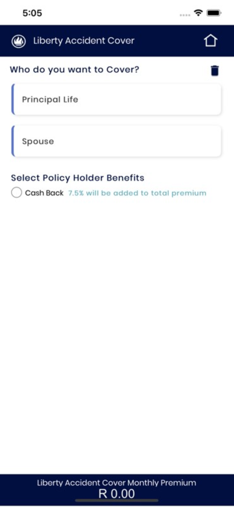 Liberty Funeral and Risk Cover - A screenshot of the Liberty Accident Cover app showing options to select coverage for the principal life and spouse with an optional cash back benefit.