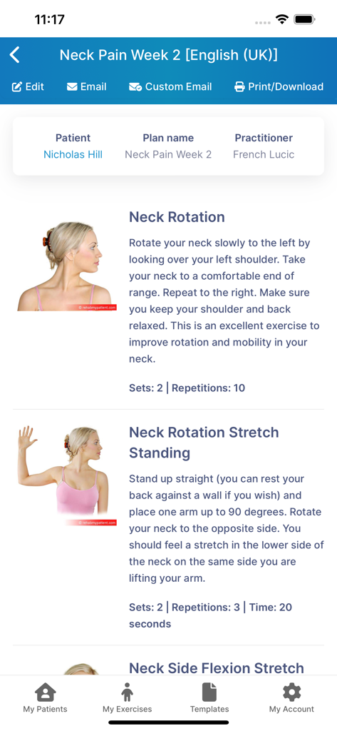 Rehab My Patient - Digital exercise plan for neck pain showing instructions for neck rotation and stretching with images and sets