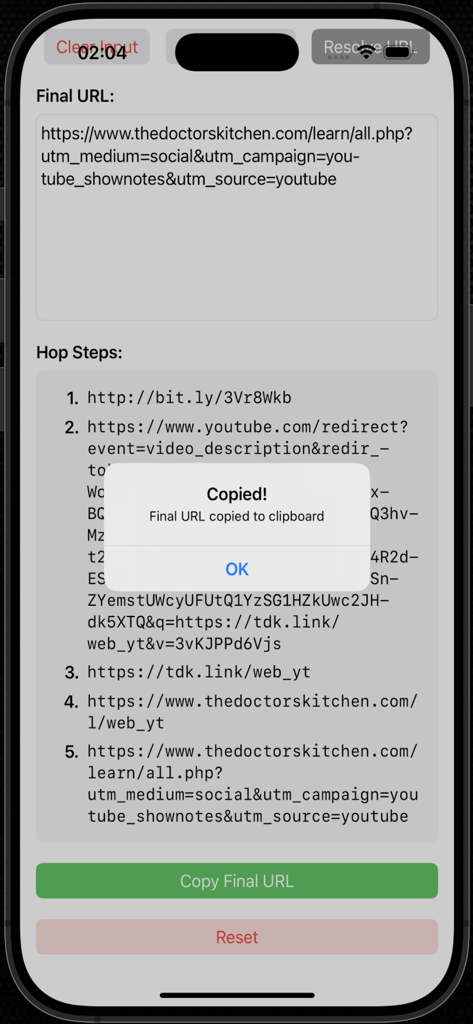 True URL - True URL app interface showing five redirection hops and a notification confirming the final URL was copied to clipboard