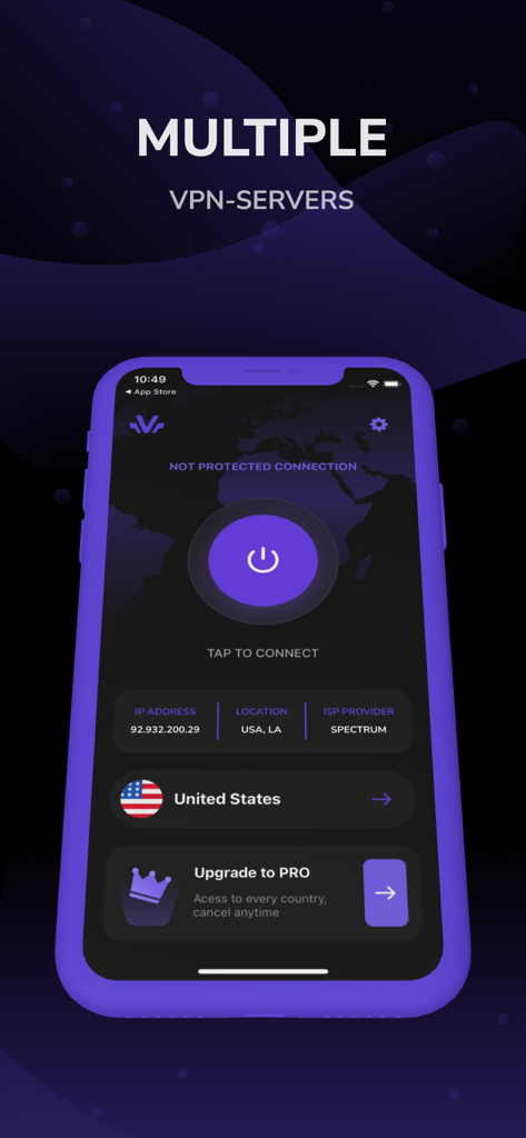 Viasa - Fast and Safe VPN - Viasa VPN app interface showing connection status and server selection for the United States