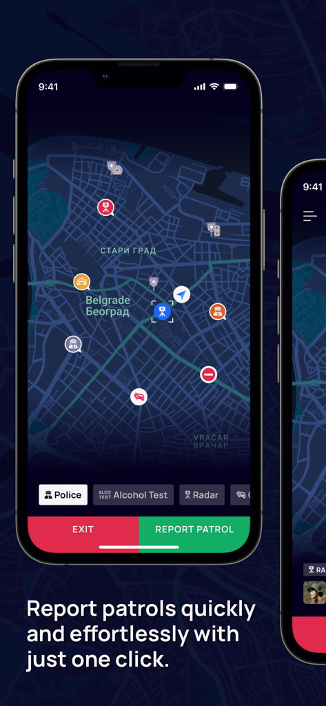 MyPatrol app interface displaying a navigation map with crowdsourced police patrol locations and a one-click reporting button