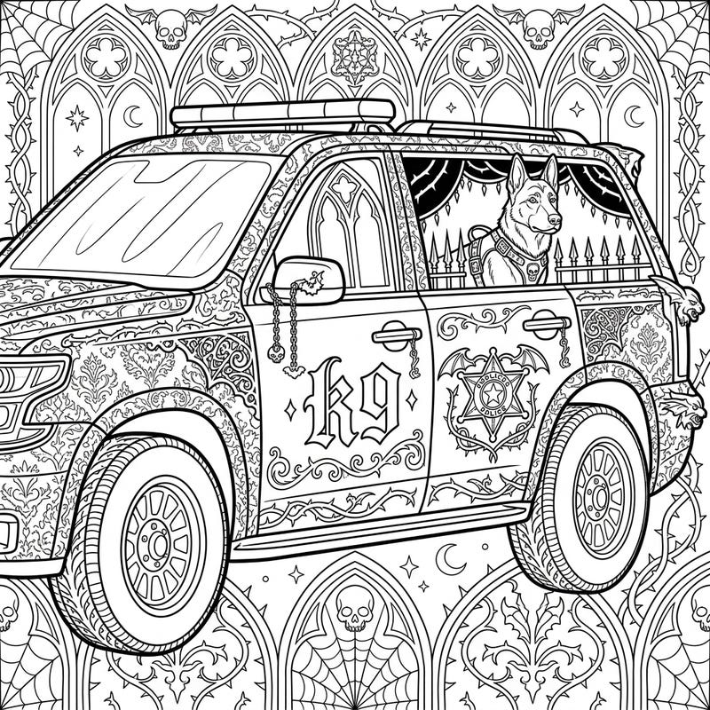 Explore a unique blend of law enforcement and dark fantasy with this K9 Police Vehicle coloring page, featuring intricate gothic designs. Perfect for those who love detailed artwork and a touch of mysterious elegance.