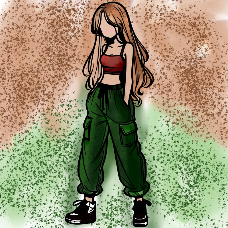 girl in baggy pants crop top and long hair