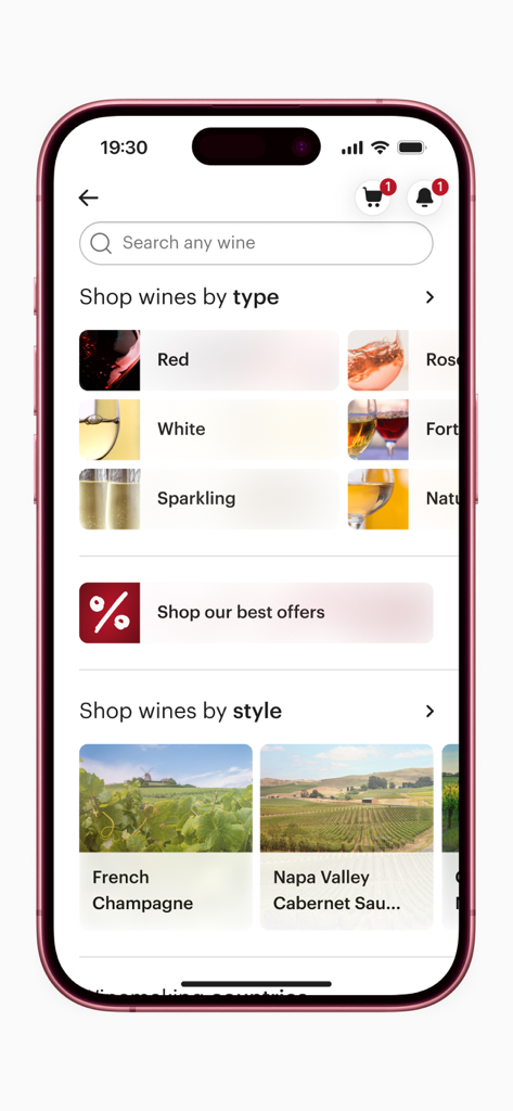 A screenshot of the Vivino app showing wine categories, search functionality and promotional offers.