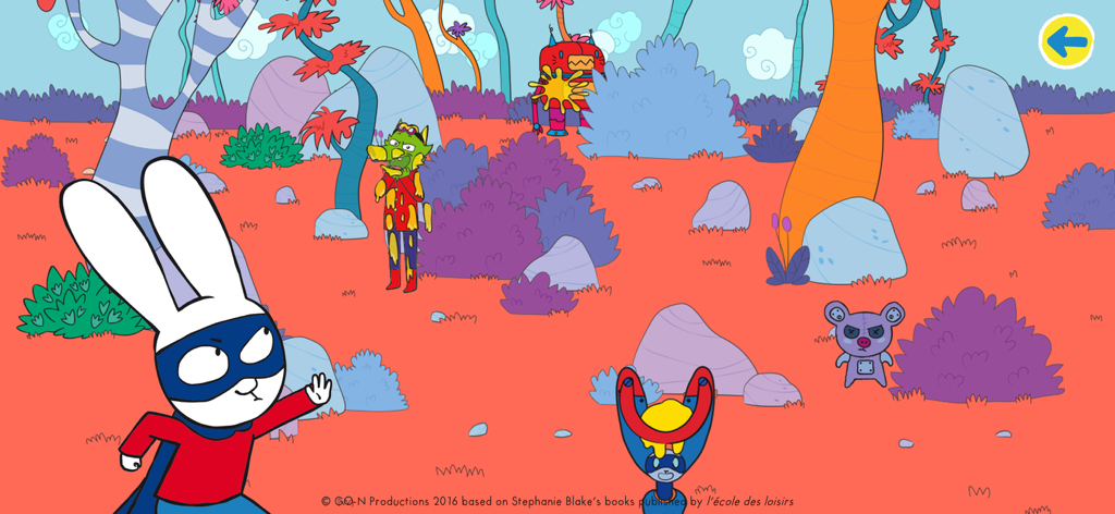 Simon Super Rabbit Vs Pr. Wolf - カラフルな森の中で、スーパーサイモンがウルフィー先生を狙ってスリングショットを構える様子