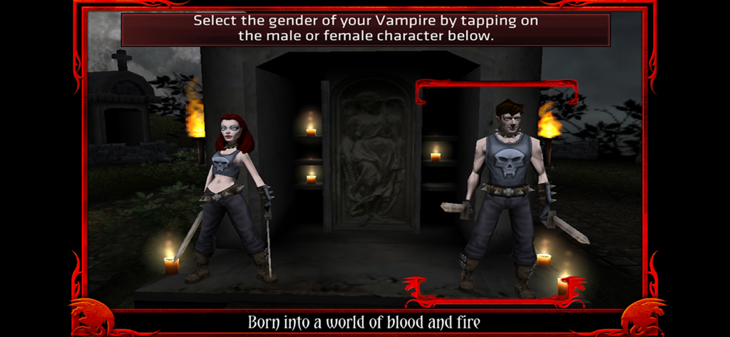 Dark Legends MMORPG - Male and female vampire character selection screen in Dark Legends MMORPG