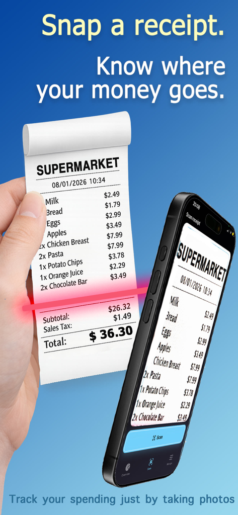 Receipt Scanner - Tracker Bill - Smartphone scanning a supermarket receipt using the Receipt Scanner app