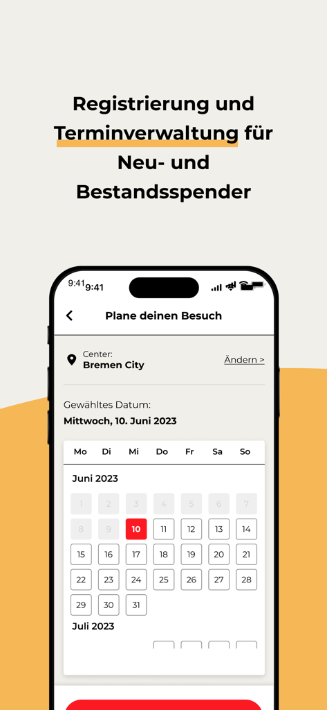 Mein CSL Plasma - Screen showing the appointment scheduling calendar in the Mein CSL Plasma app