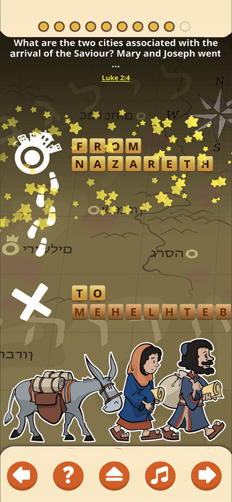 Interactive bible word puzzle game showing Mary and Joseph on their journey to Bethlehem