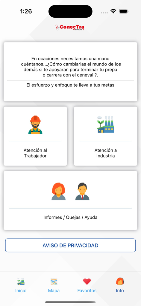 ConecTra - Main dashboard of the ConecTra app showing service options for workers and industries in Spanish