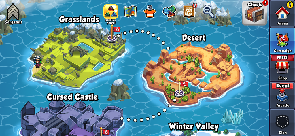Bomber Friends campaign map screen showing world islands including Grasslands and Desert