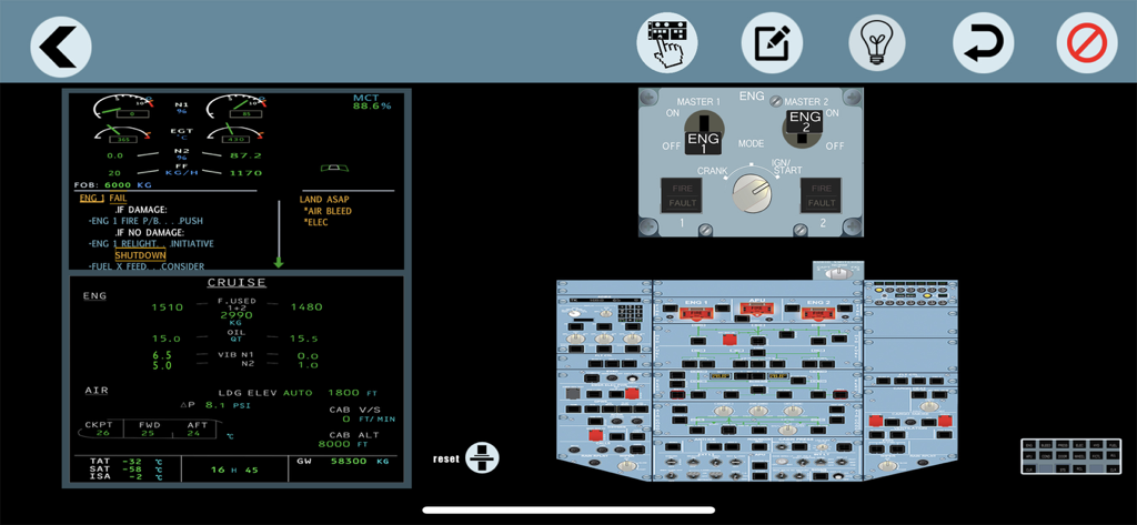 Airbus A320 ECAM pilot trainer interface showing an engine failure drill and cockpit overhead panel controls