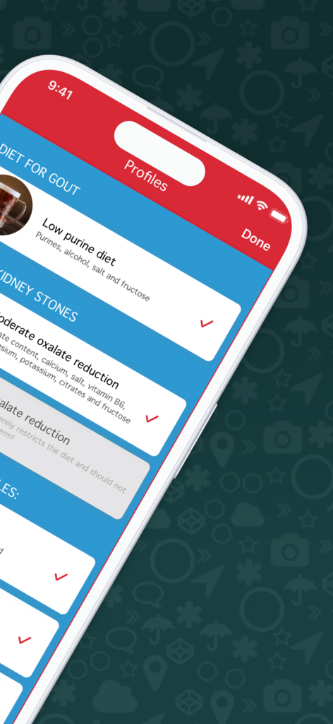 OxiPur – Gout & Kidney Stones - OxiPur app screen showing dietary profiles for gout and kidney stone management