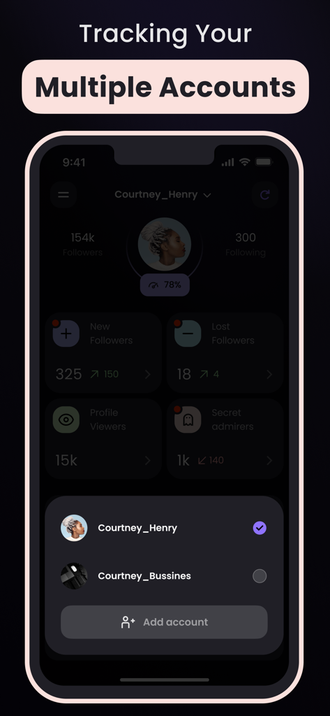 Mobile app interface showing social media analytics dashboard and multiple account management feature