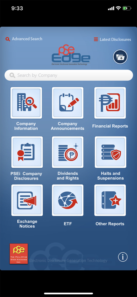 PSE EDGE - Home screen of the PSE EDGE mobile app displaying icons for company information announcements financial reports and market disclosures