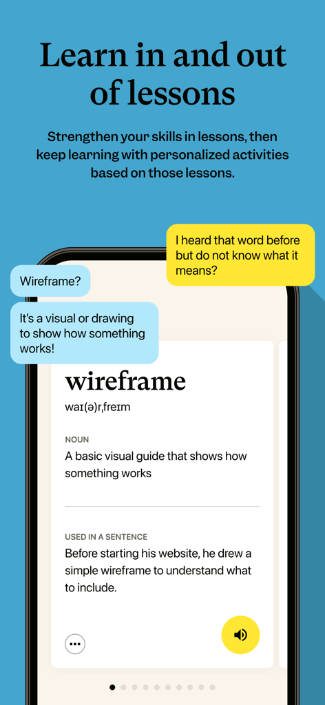 Cambly app screen showing an English vocabulary card for the word wireframe with its definition and usage in a sentence