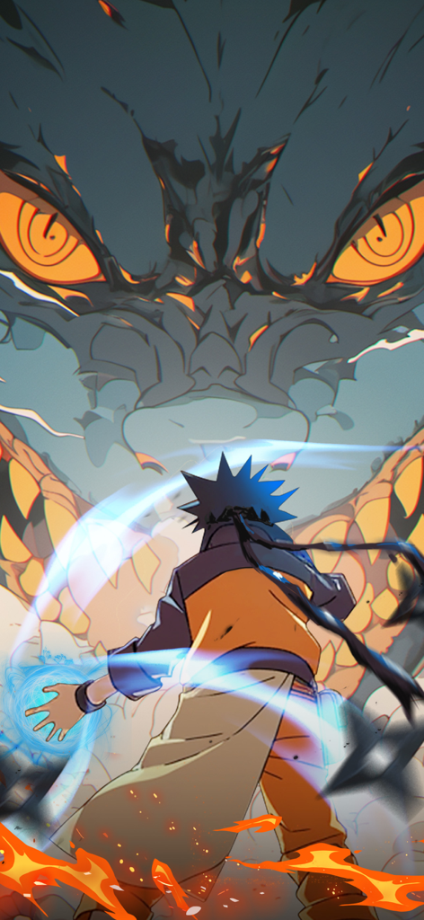 GAME! STORM NINJA - A ninja character charging a blue energy sphere while facing a giant monster with glowing orange eyes