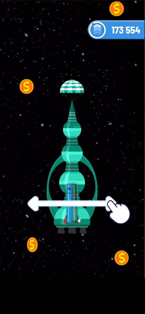 Rocket Sky! - Screenshot di gioco di un razzo verde acqua che sale attraverso lo spazio con monete d'oro fluttuanti e un contatore di punteggio di altezza