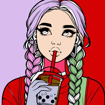 realistic girl with braided hair drinking boba