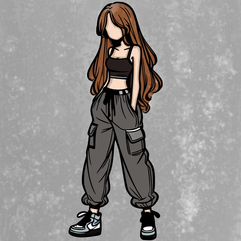 girl in baggy pants crop top and long hair