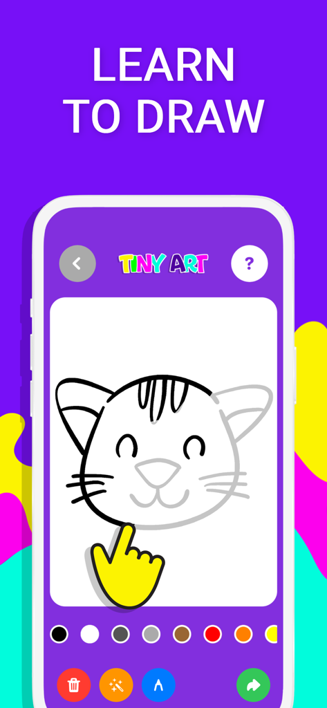 Drawing for kids Tiny Art - Tiny Art子供向けお絵かきアプリのインターフェースで漫画の猫の頭をトレースしている子供