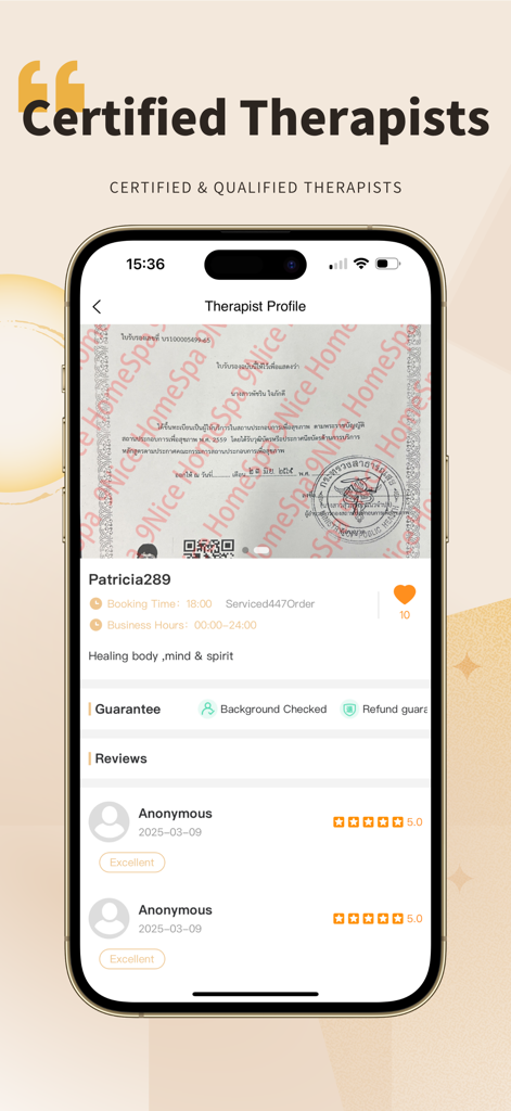 9Nice - Home Massage - Pantalla del perfil del terapeuta de la aplicación 9Nice mostrando certificación oficial y reseñas de usuarios