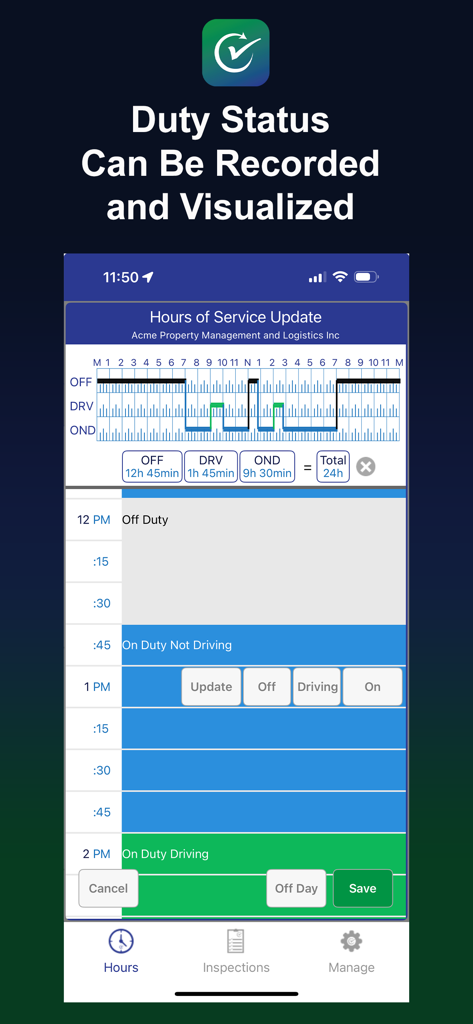 ReadyChek - Interface for recording and visualizing duty status and hours of service in the ReadyChek app